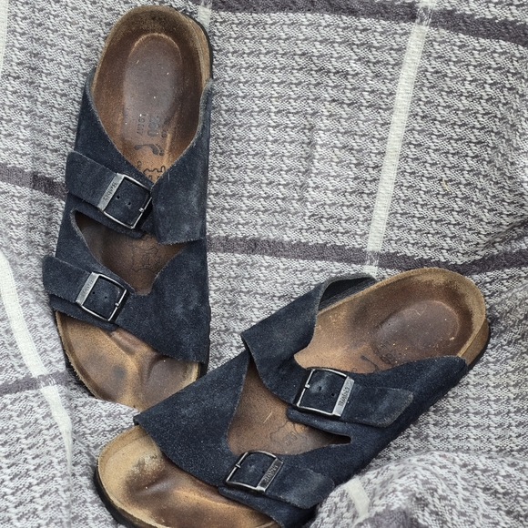 Birkenstock Birkis Suede Soft Footbed Navy Blue Sandals - Picture 1 of 7